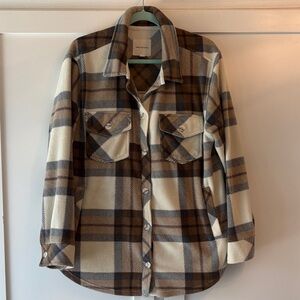 Thread & Supply Plaid Polar Fleece Shacket in Tan, Gray and Cream Women’s Size L